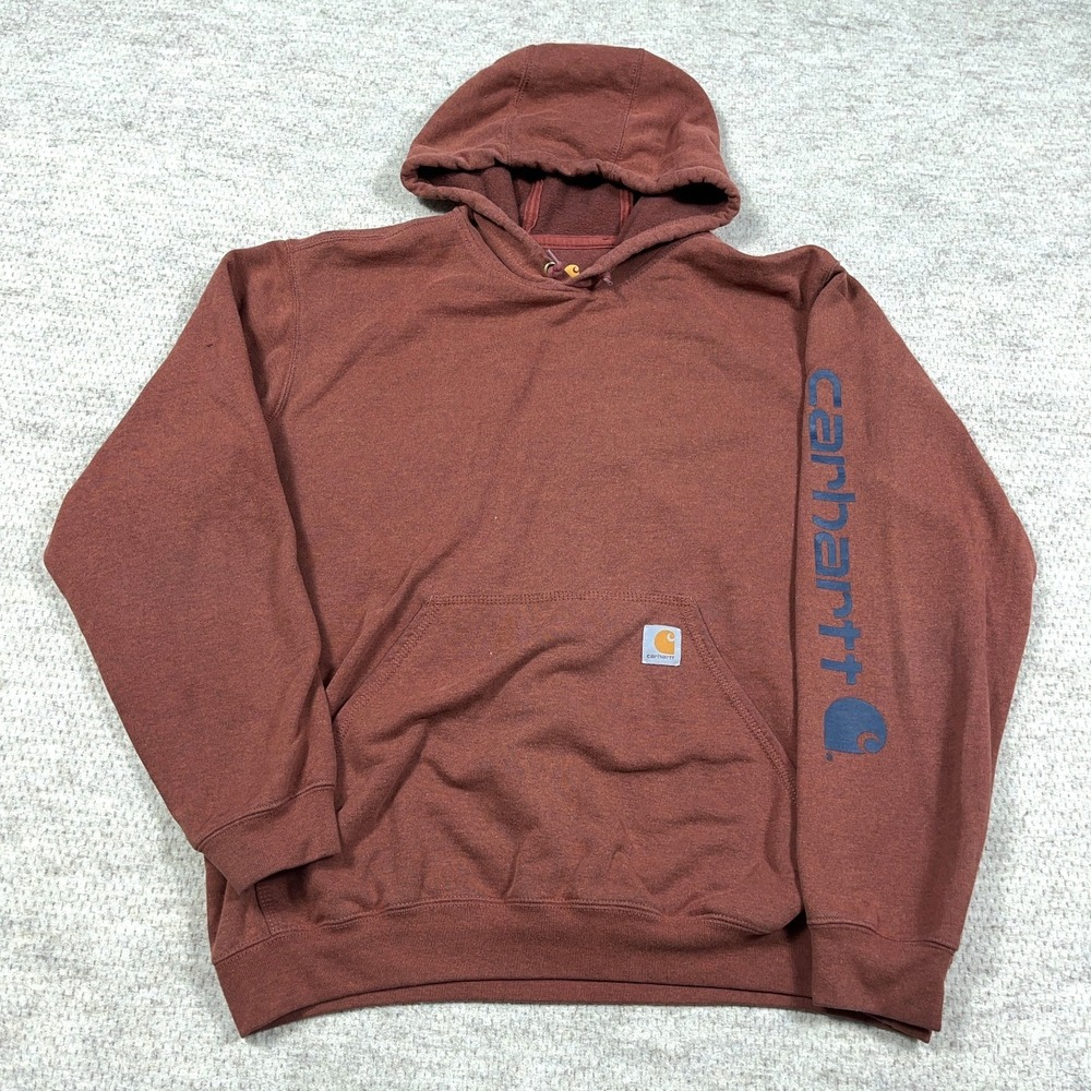 Carhartt Hoodie Men Large Orange Original Fit Sleeve Spellout Sweatshirt Adult